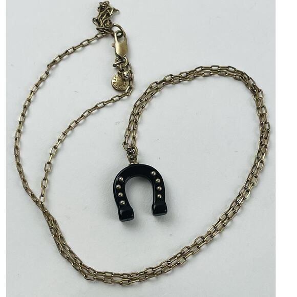 J. Crew Designer Gold Tone Horseshoe Black Pendant Necklace 27” Hoof Brass Tone - Picture 2 of 16